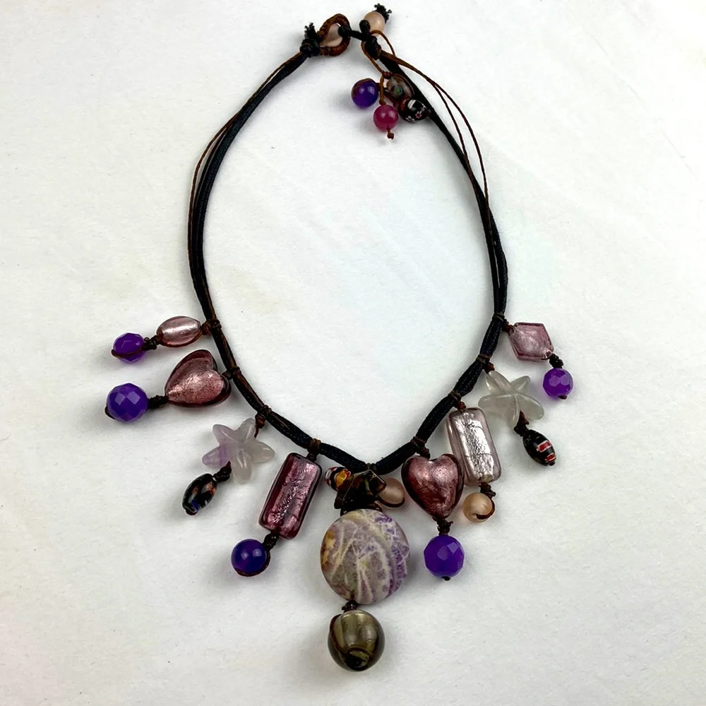 Corded braided dichroic glass polished stone w faceted Millefiori beads necklace